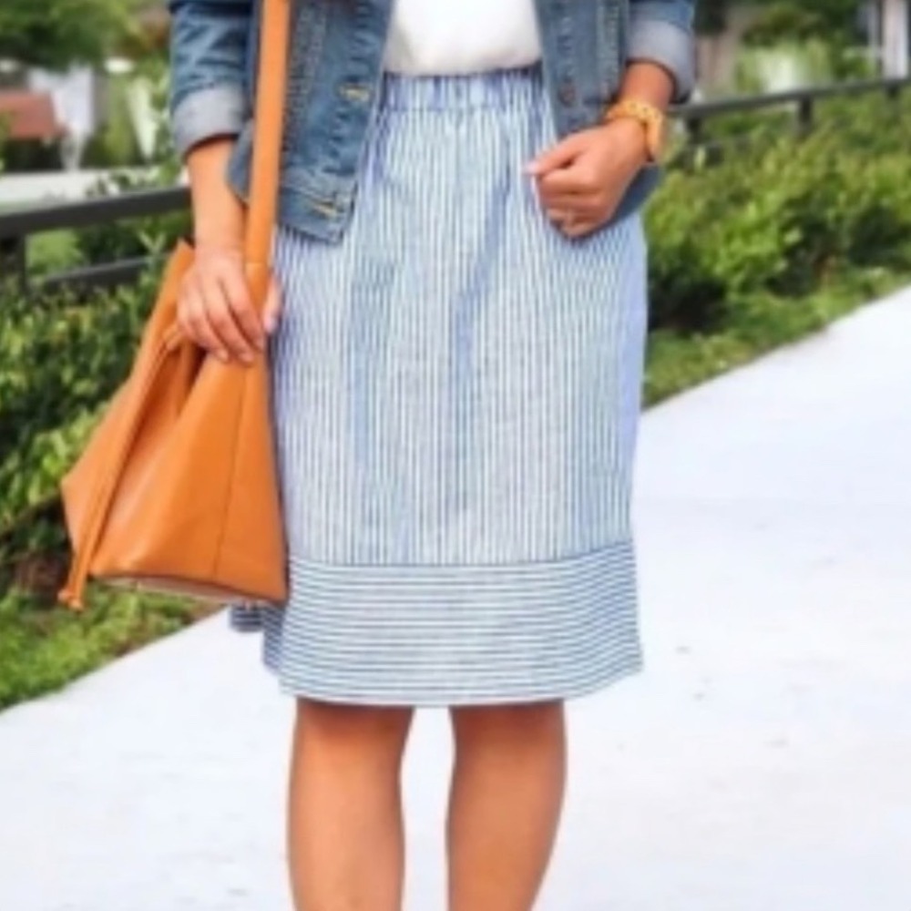 J. Crew Womens Blue White Striped Linen Blend Elastic Waist Pocket Skirt S